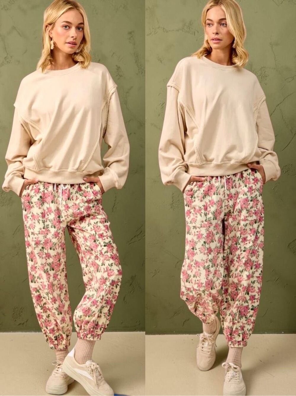 BiBi Floral Jogger Pants Pink Rose Drawstring Twill Elastic Waist Large NEW - Picture 8 of 12